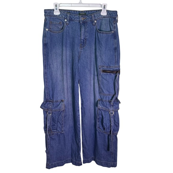 Wild Fable Womens Mid Rise Baggy Cargo Jeans Medium Wash Blue Wide Leg Size 8/R - Picture 2 of 5